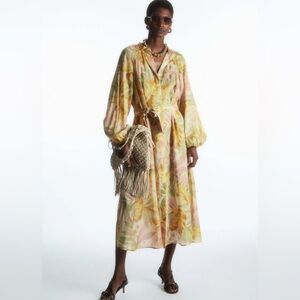 COS Floral Print V-Neck Midi Dress Yellow Sepia TENCEL Lyocell Size 4 US